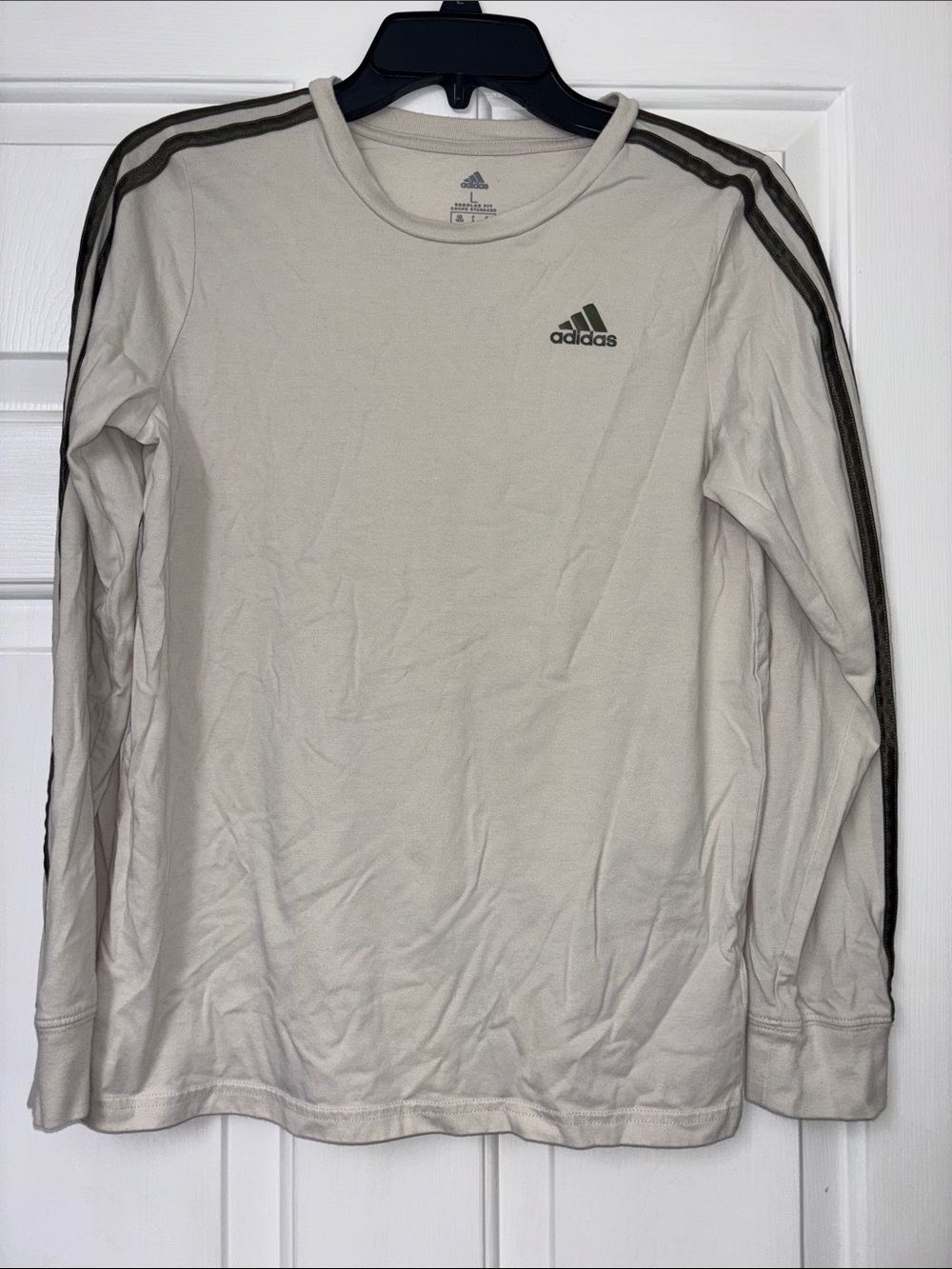 adidas Long-Sleeve Crewneck Shirt in Light Beige with Dark Olive Stripes